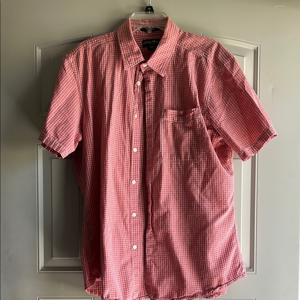 Eddie Bauer Seattle USA Men's Red and White Checkered Classic Fit  Shirt